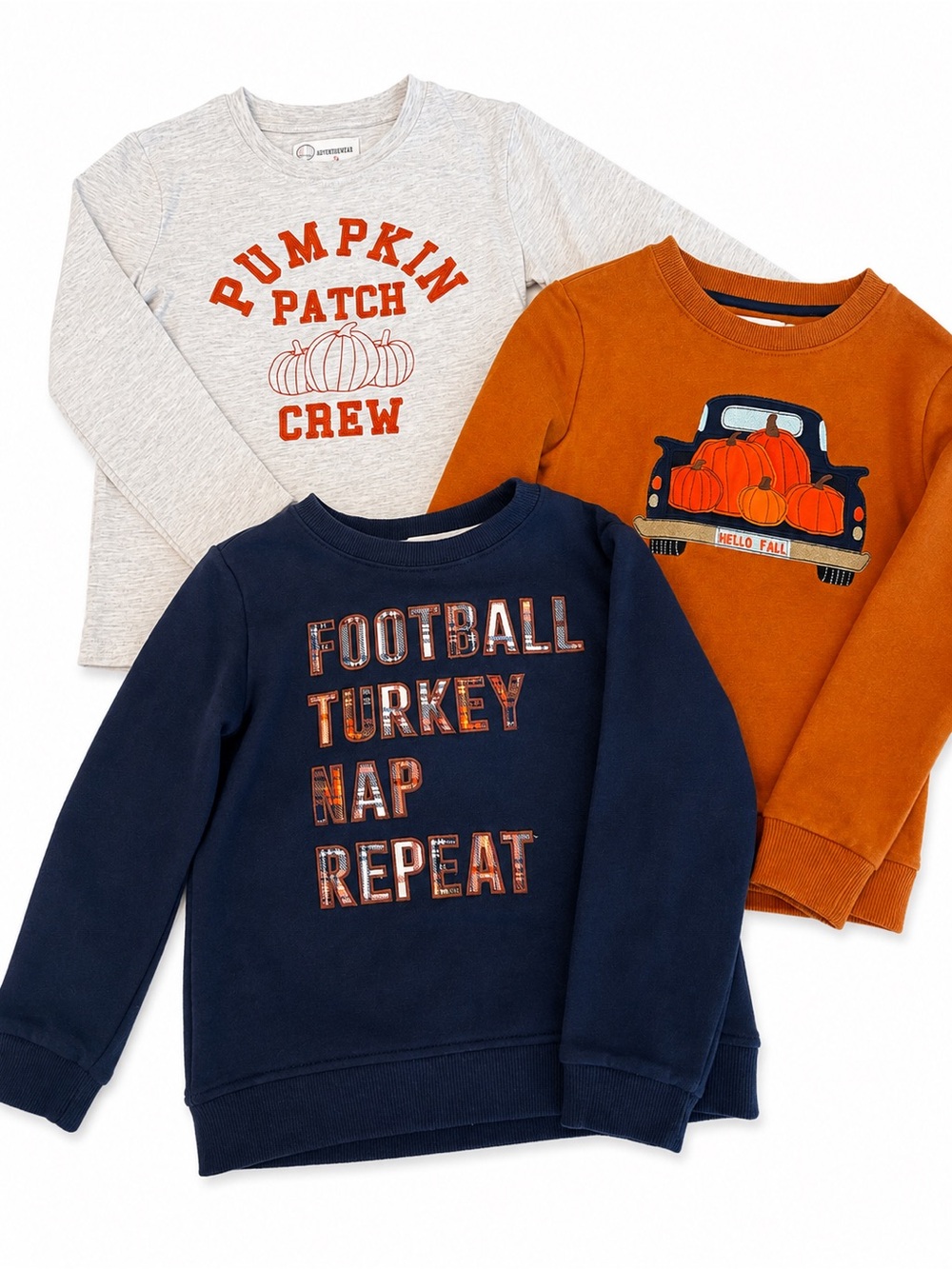 3-Pack Kids Fall Graphic Sweatshirts - Orange, Navy, Heather Gray